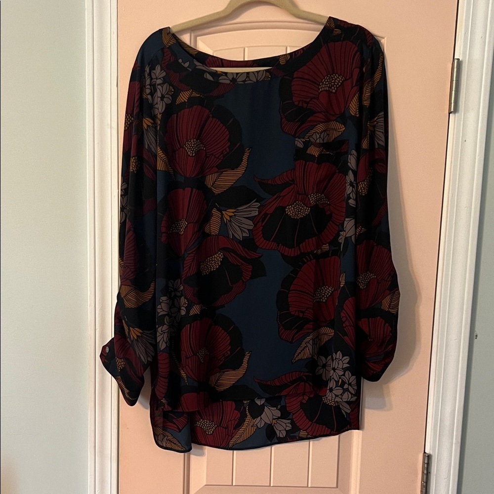 LOFT Navy Floral Boatneck Blouse with Burgundy and Mustard Accents